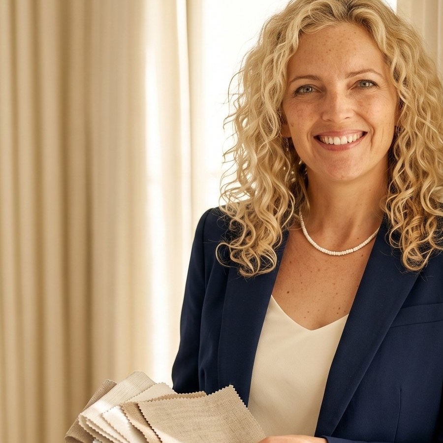 Kimmie Iula, 3 Day Blinds window treatment design consultant for Orange County, holding fabric swatches
